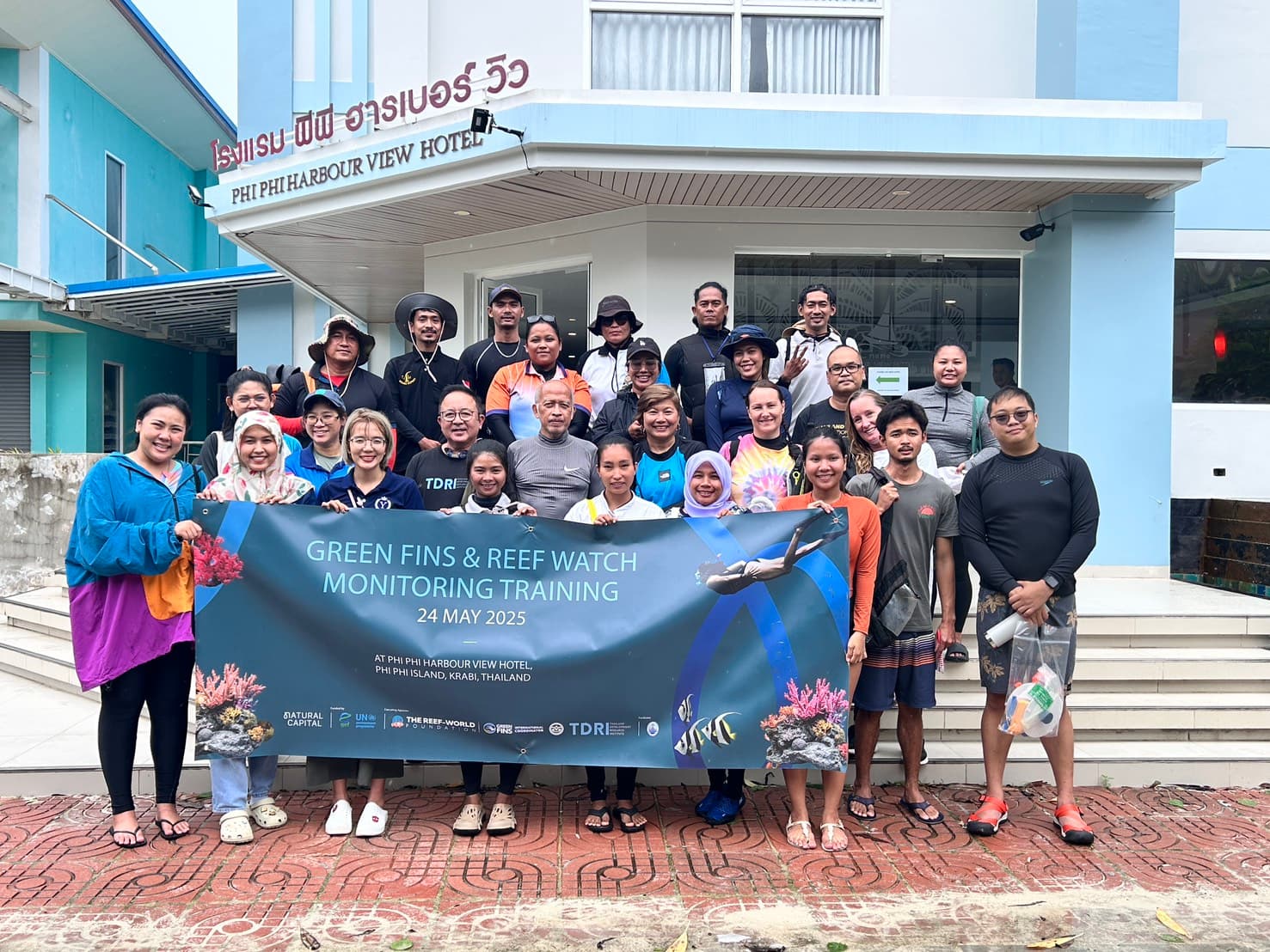 Operators and crew at the Green Fins and Reef Watch Monitoring Training outside Phi Phi Harbour View Hotel, Krabi, 24 May 2025